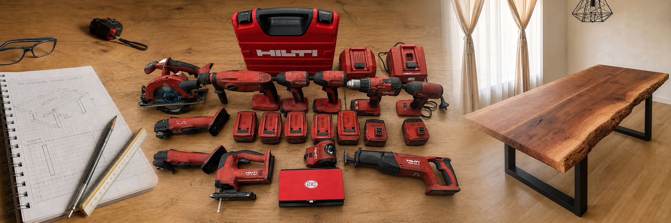 Proceso completo de diseño y construccion de una mesa de roble, desde el croquis y las herramientas Hilti hasta la pieza terminada